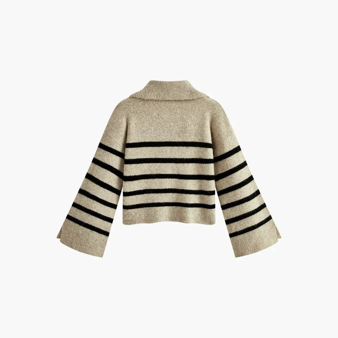Women's oversized striped knit pullover sweater in beige with black stripes by Wilfred Smith