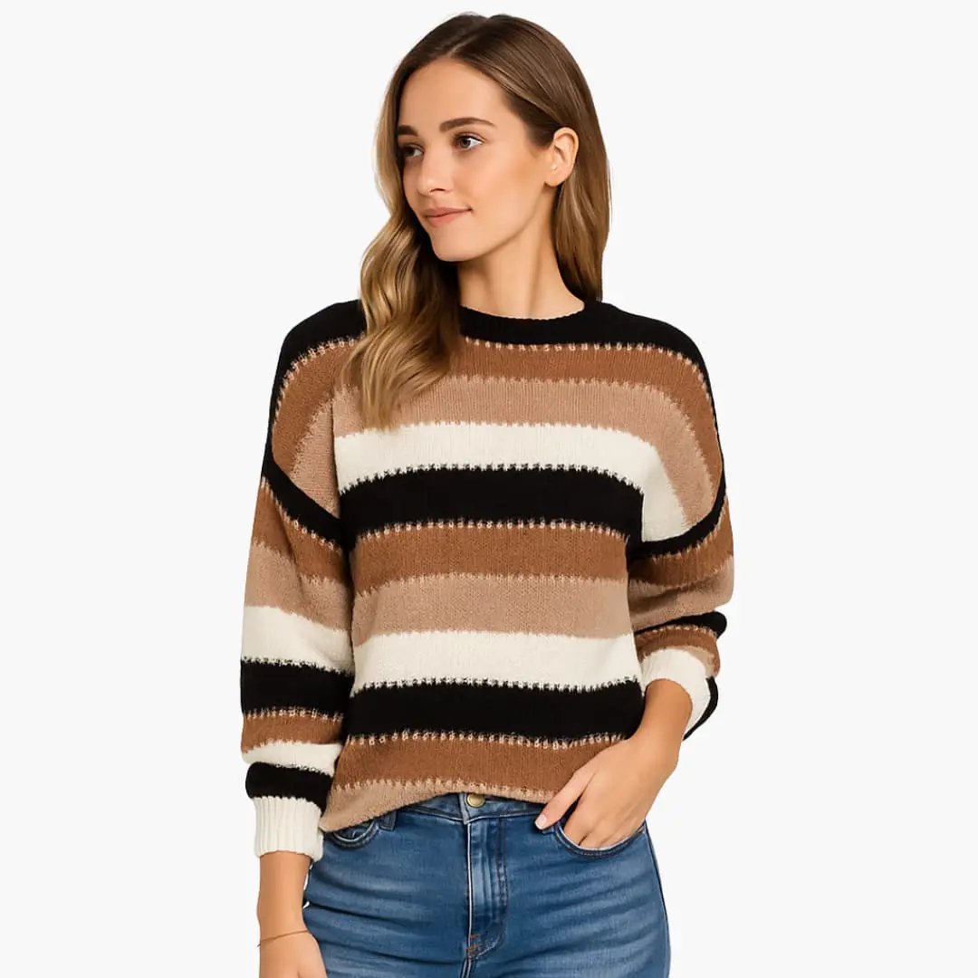Women's striped knit pullover by Wilfred Smith with black, tan and cream stripes.