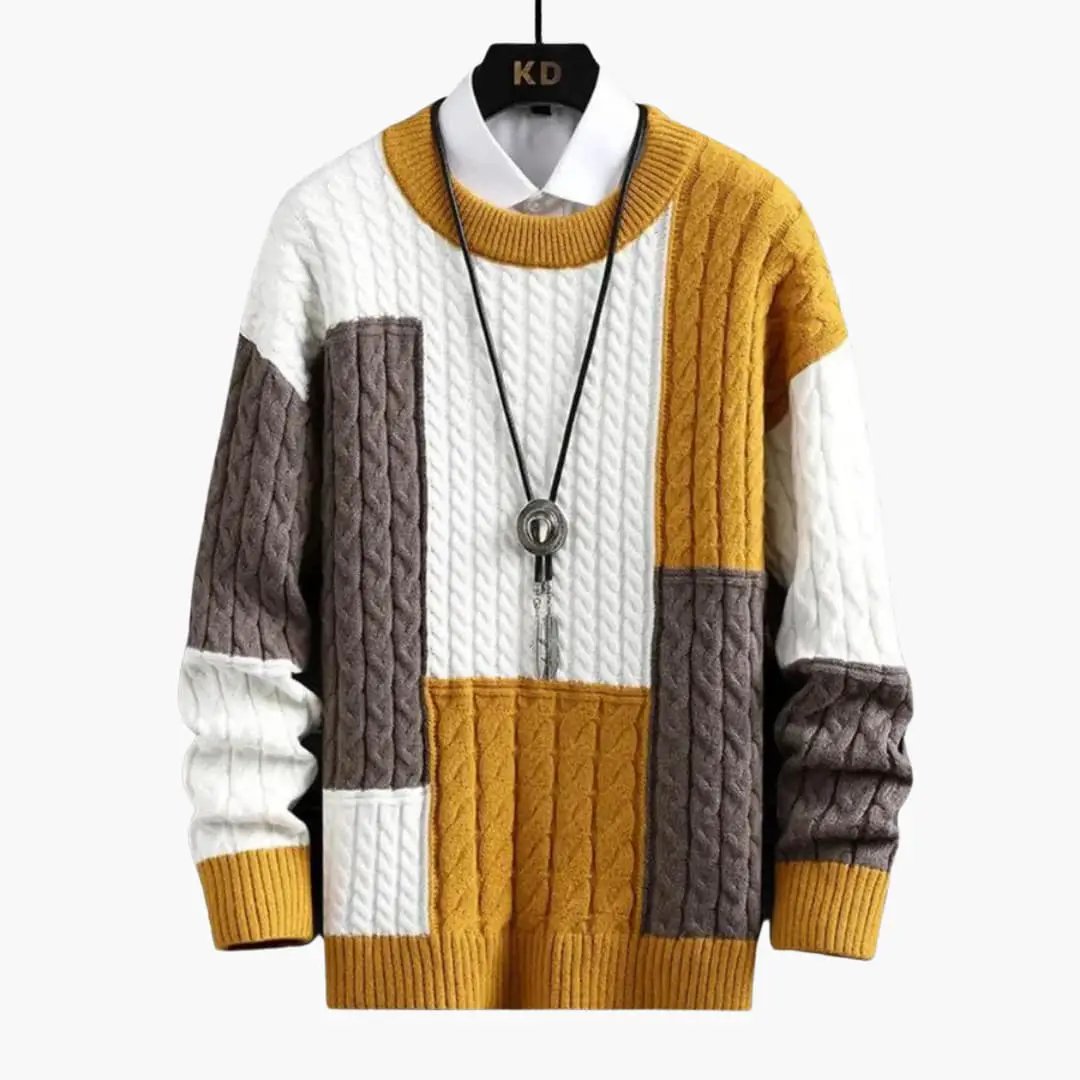 Men's Wilfred Smith round-neck cable-knit patchwork sweater in white, mustard, and gray