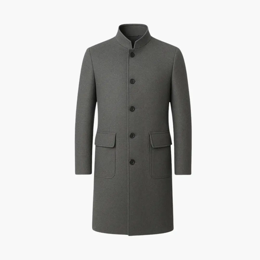 Men’s grey long overcoat with tailored fit and elegant silhouette