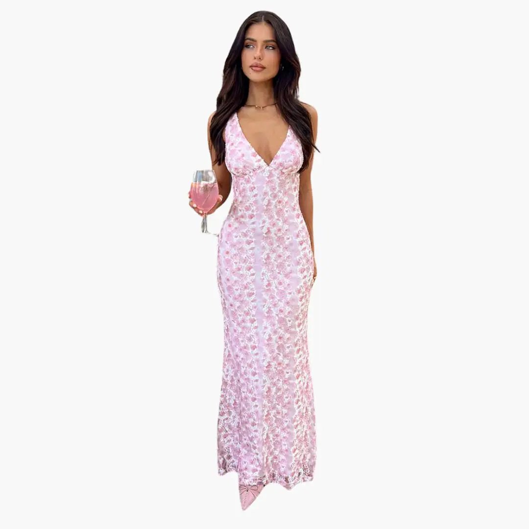 Lace Maxi Dress by Wilfred Smith in pink, V-neck, floor-length worn by model