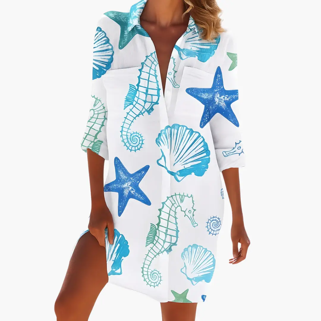 Wilfred Smith women's shirt dress with long sleeves and button placket in white with blue sea life print