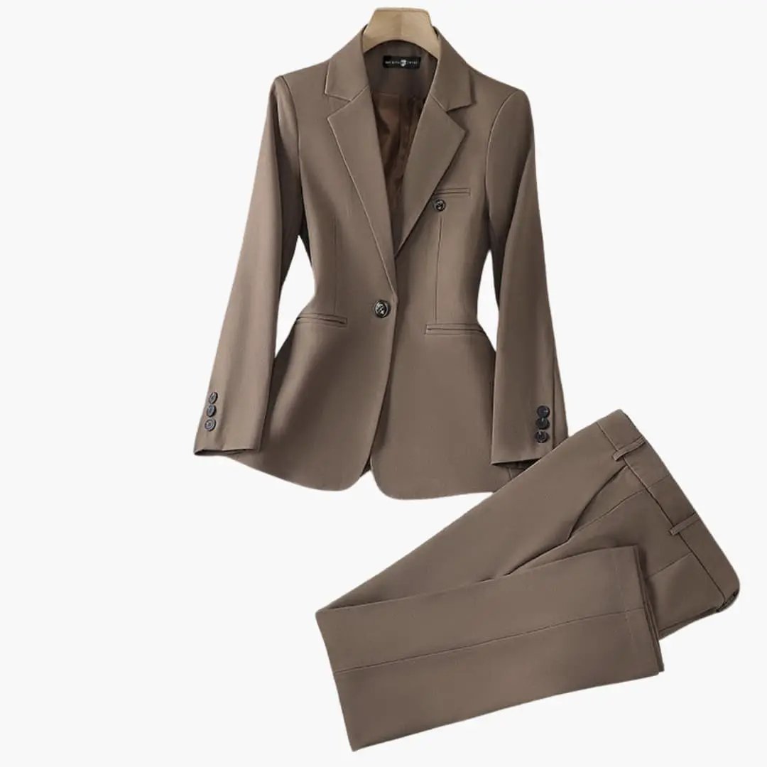 Blazer set for women by Wilfred Smith in taupe; tailored blazer with lapel and front-button closure, trousers.