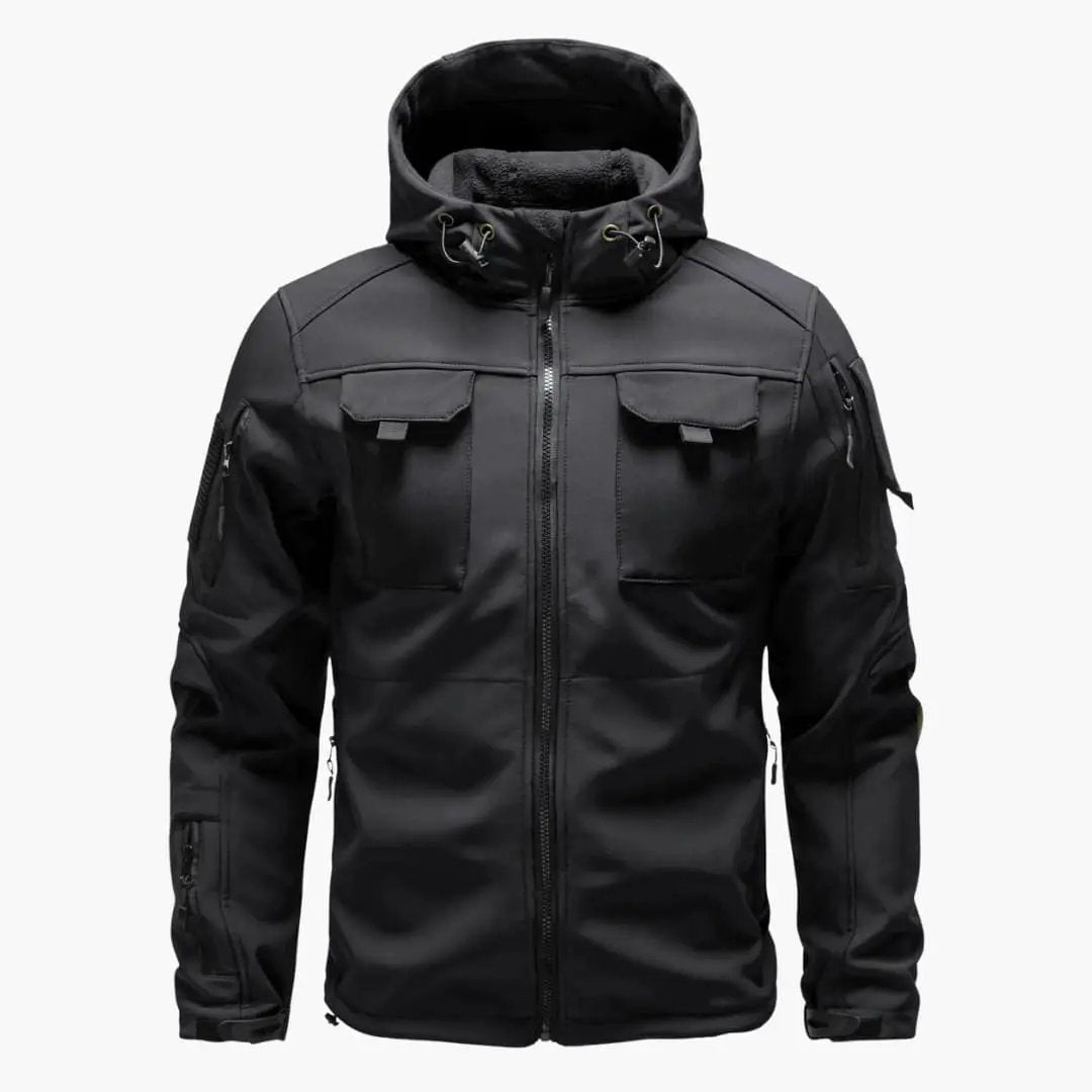 Men's zip-up hooded jacket with multiple pockets in black softshell by Wilfred Smith.
