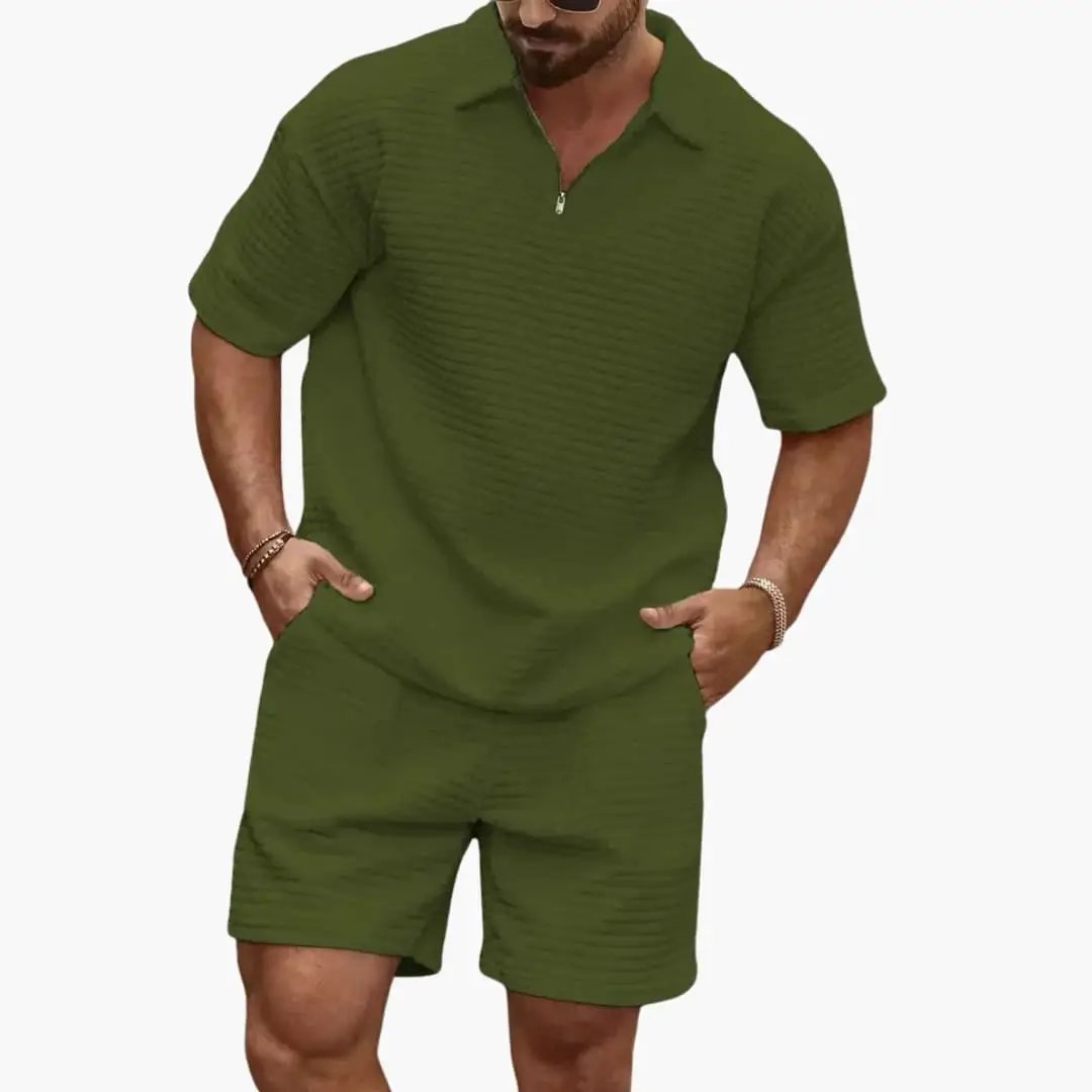 Men's olive green quilted two-piece set with short-sleeve top featuring a zip-neck and matching shorts