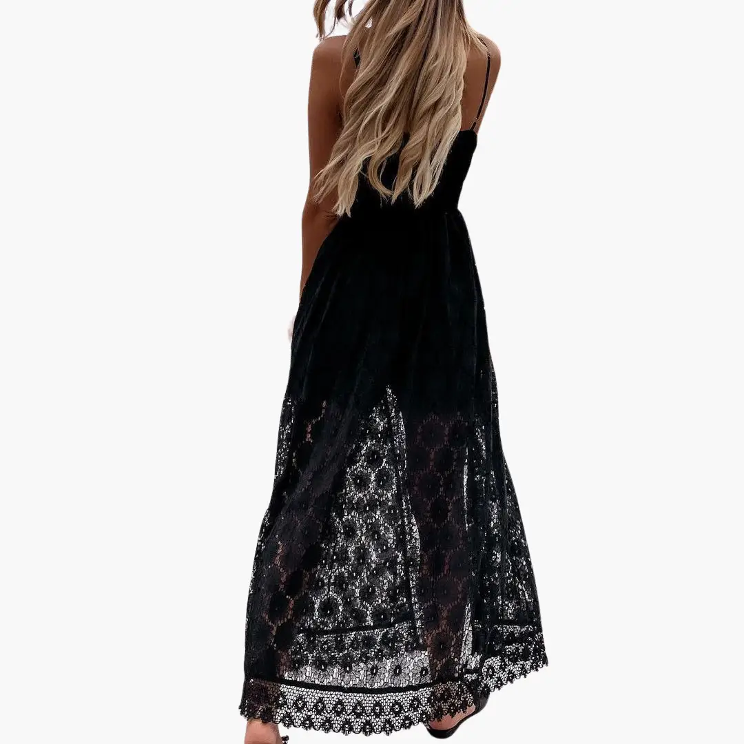 Lace jumpsuit for women in black with spaghetti straps and sheer lace hem.