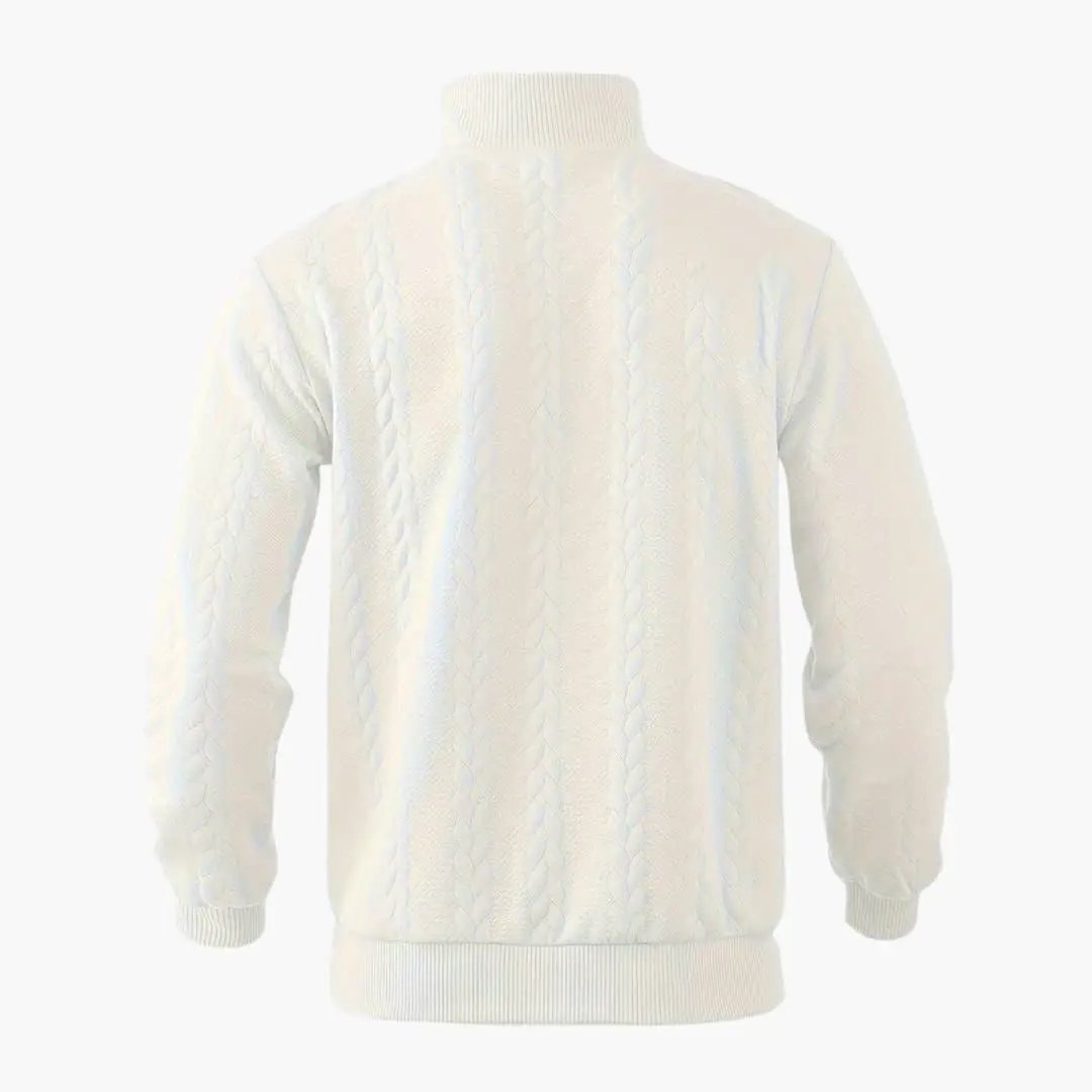 Men's white cable-knit pullover sweater, warm cream knit with ribbed cuffs and hem.