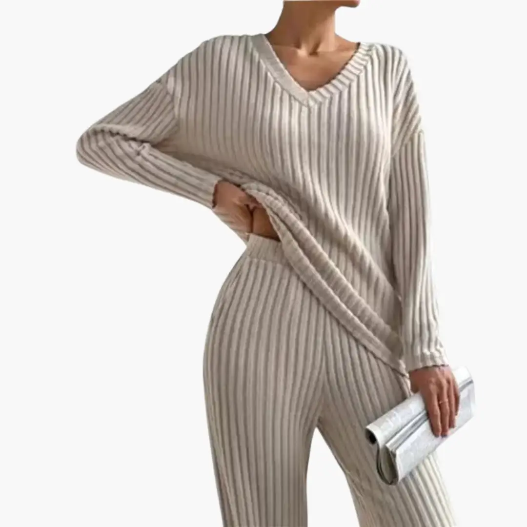 Women’s ribbed knit two-piece lounge set with V-neck in beige, matching top and pants