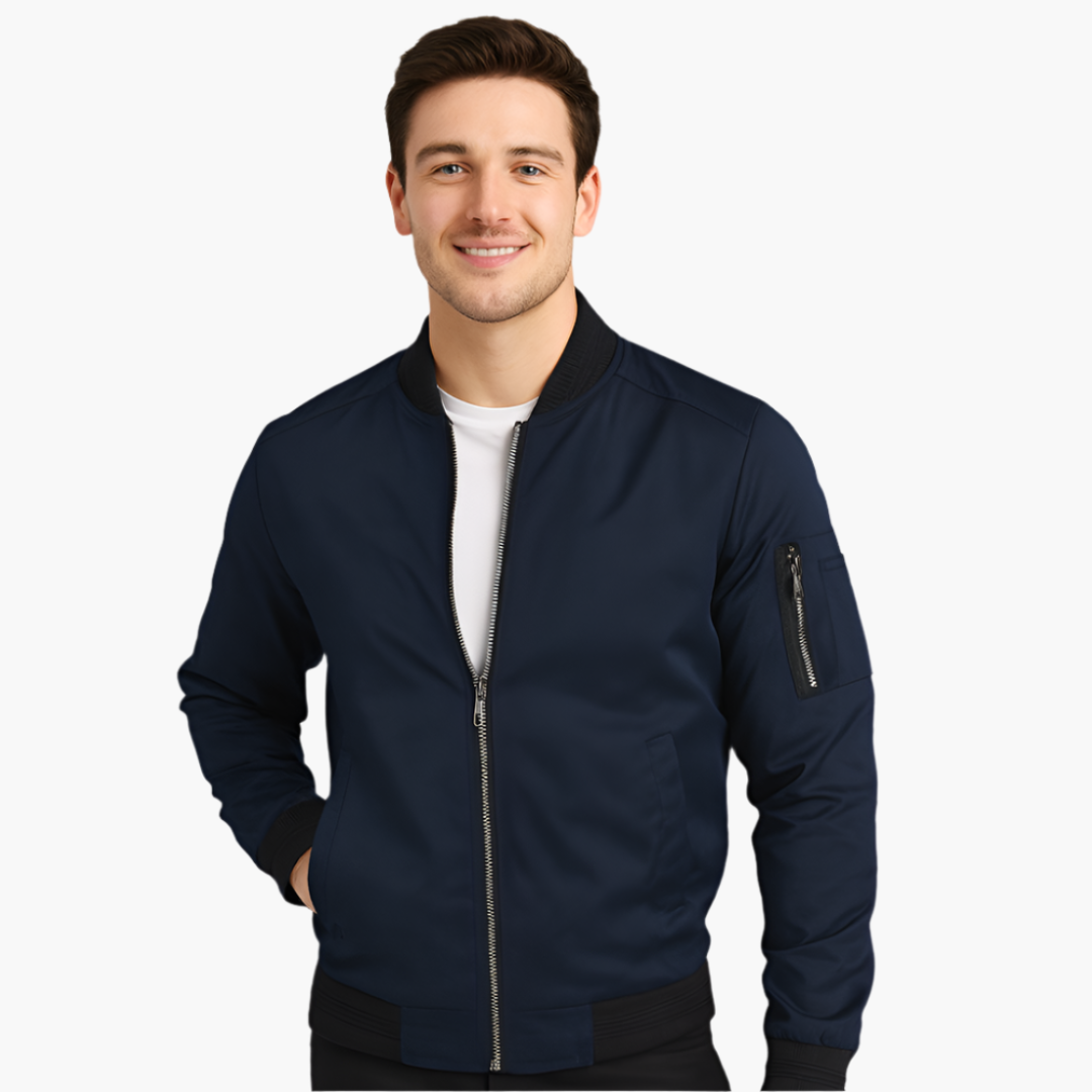 Men's bomber jacket Wilfred Smith, navy blue with ribbed hem and zippered arm pocket