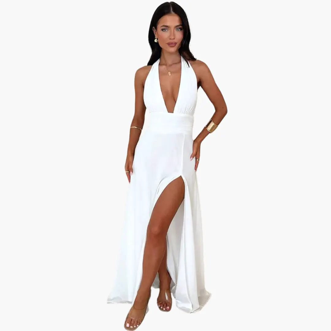 White halter-neck maxi dress with high slit, elegant evening gown