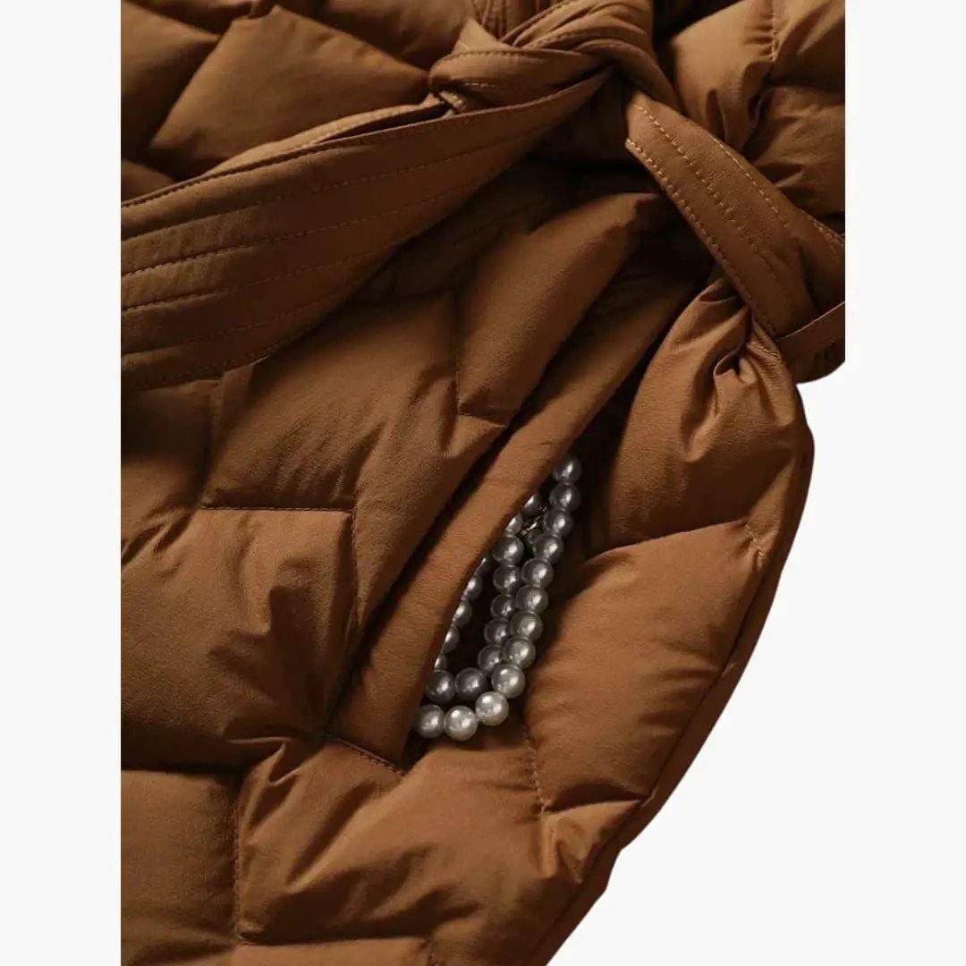 Women's brown down puffer coat with belt and long sleeves