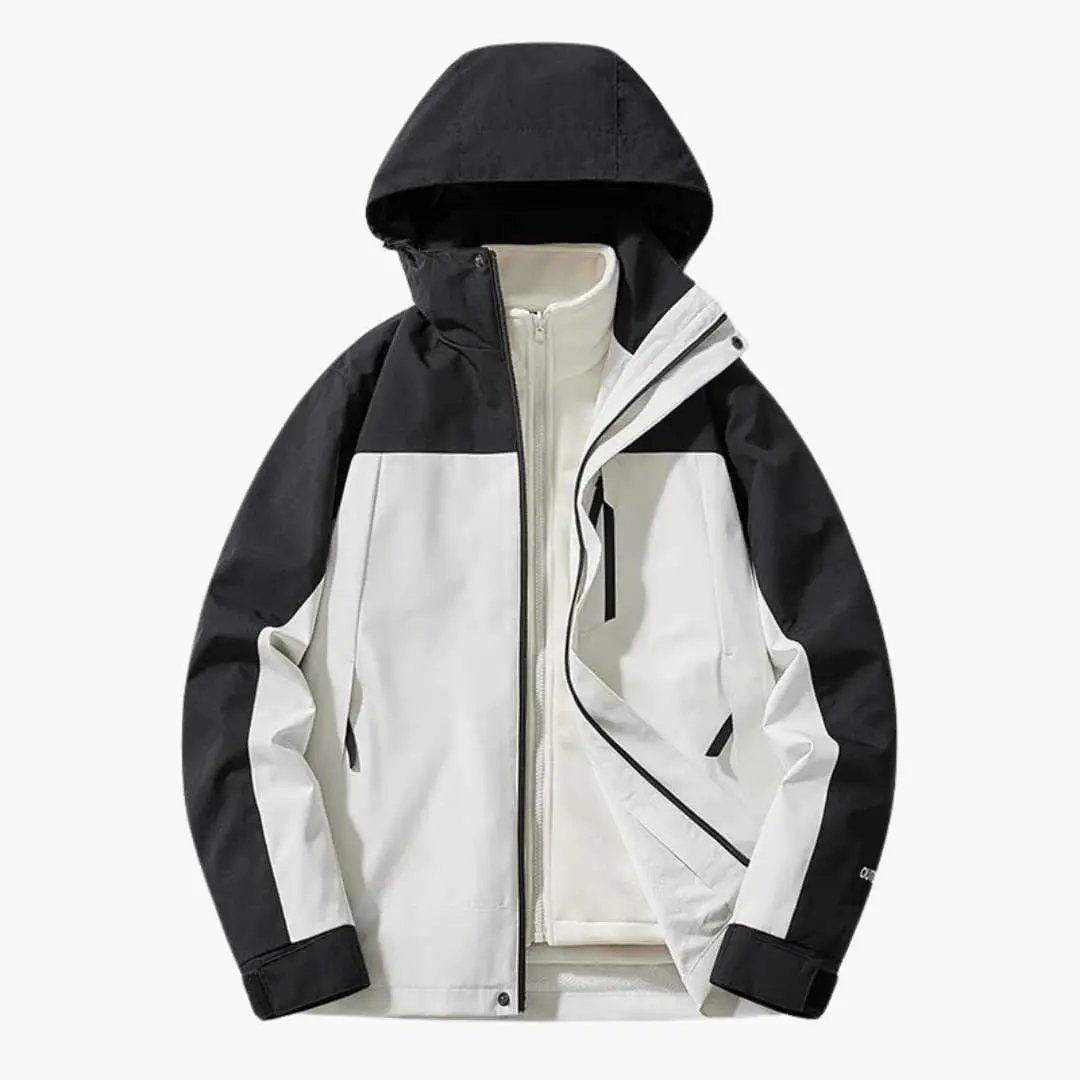 Unisex ski jacket with hood in white and black color-block design with zipper pockets