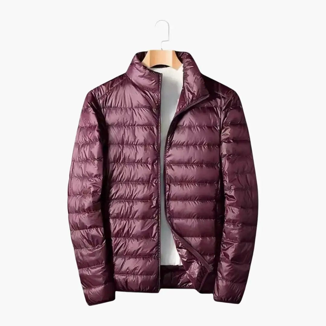 Men’s Quilted Jacket with Zipper and Collar by Wilfred Smith, burgundy puffer jacket