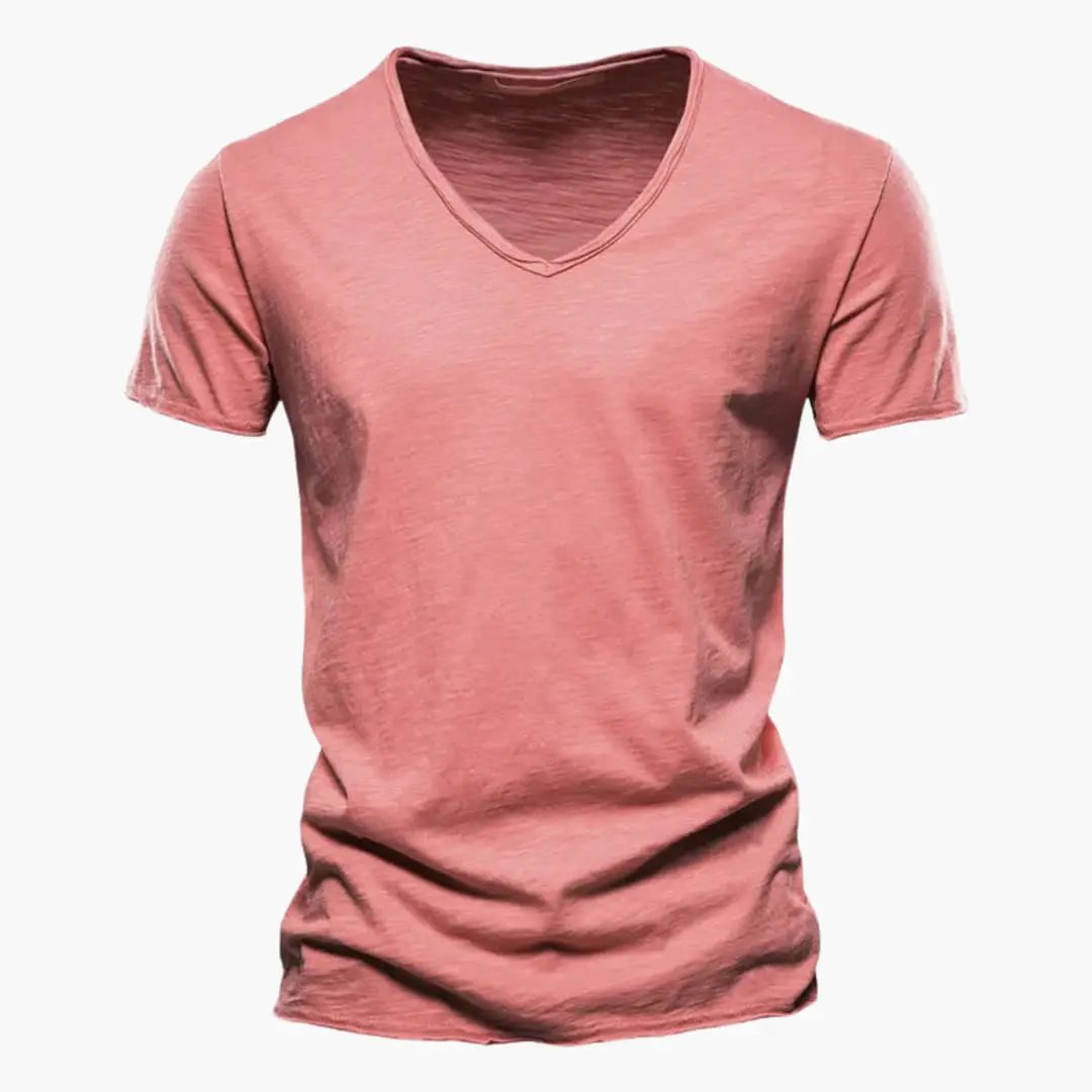 Light Summer Shirt for men, pink V-neck short-sleeve T-shirt by Wilfred Smith