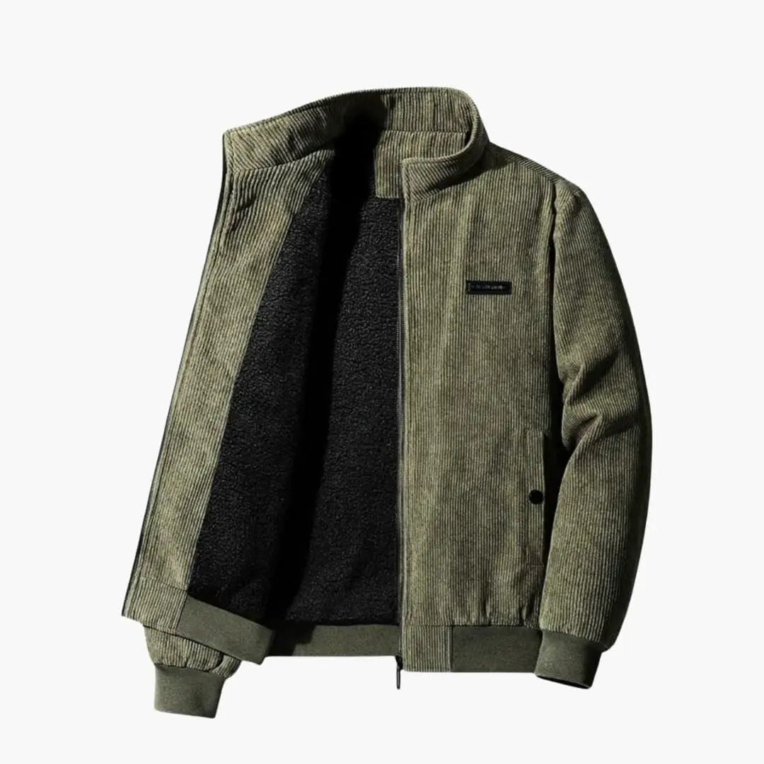 Corduroy jacket for men by Wilfred Smith in olive green with black fleece lining and chest logo