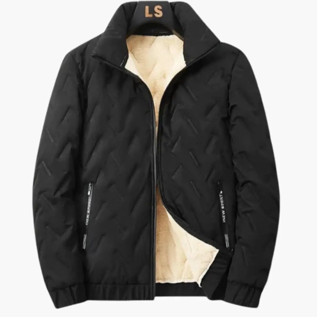 Men's ski jacket by Wilfred Smith; black quilted zip-front with beige fleece lining.