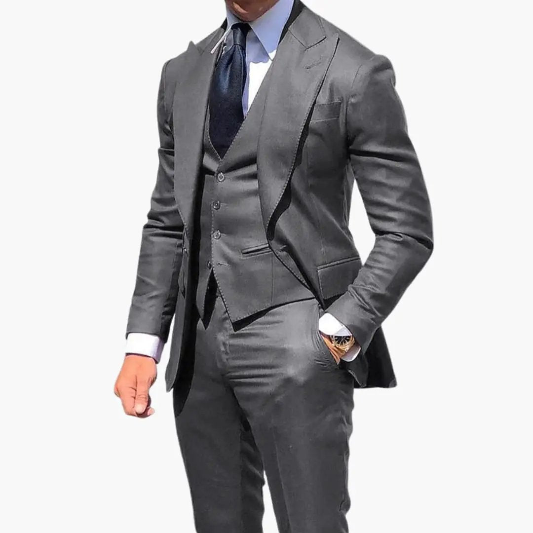 Men's charcoal three-piece suit with vest, jacket, and pants