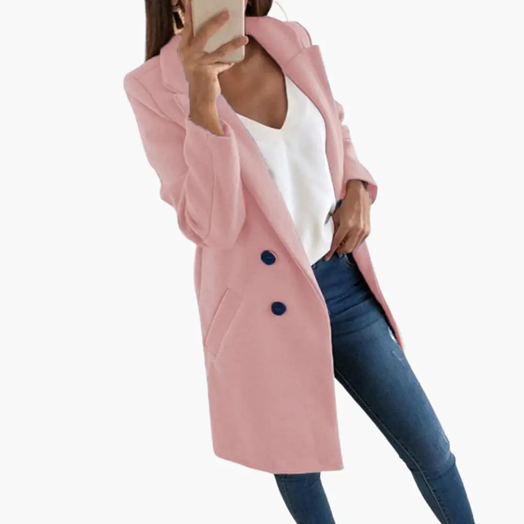 Button Closure Coat for Women, pink long coat with dark blue buttons