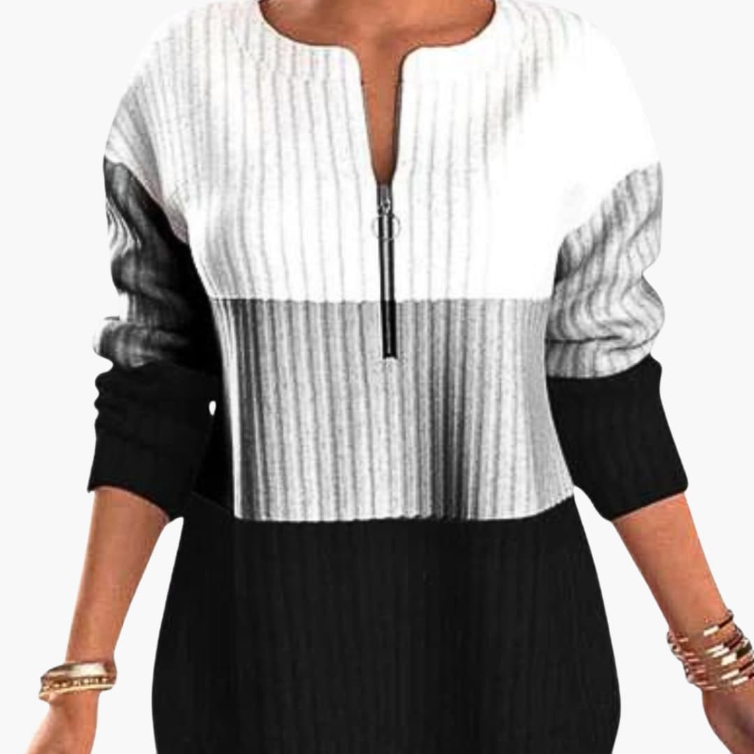 Women's zip-neck ribbed pullover in white, gray and black color-block design