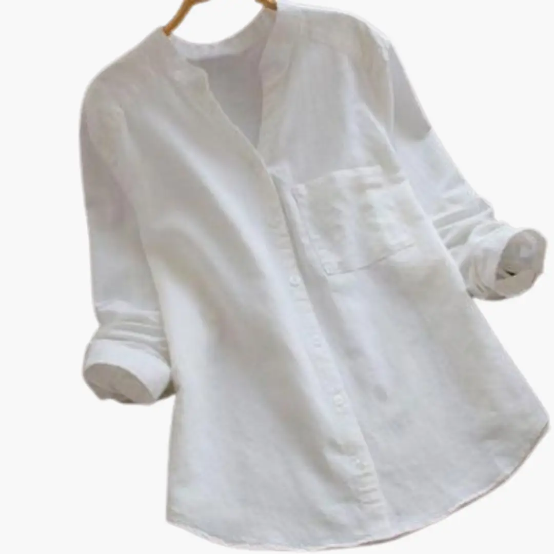 Loose-Fitting blouse for women, white long-sleeve with stand-up collar and button-down front