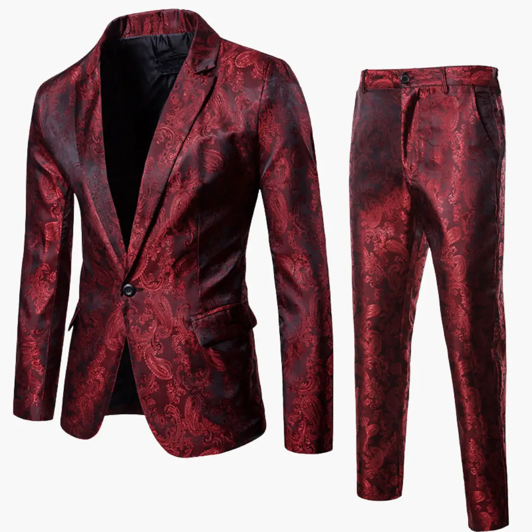Two-Piece Wedding Guest Suit by Wilfred Smith, burgundy paisley pattern, slim-fit jacket and trousers