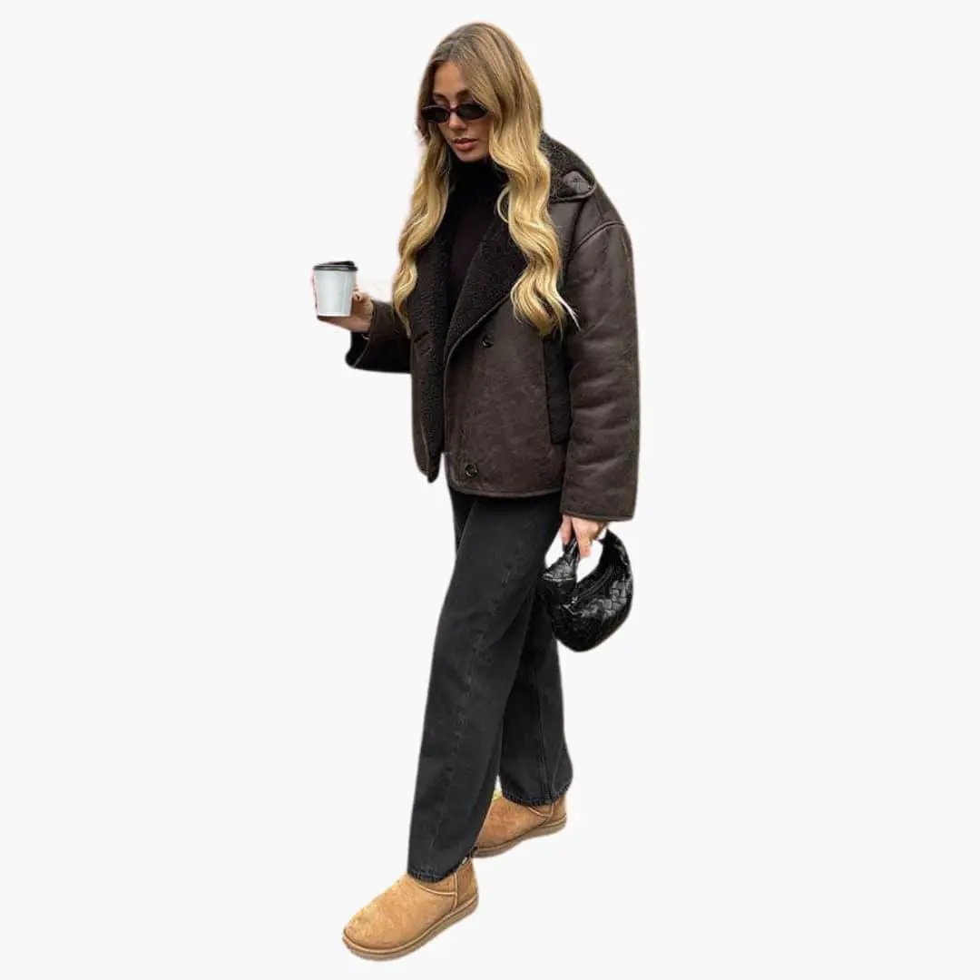 Elegant Women's Brown Leather Jacket by Wilfred Smith, long-sleeve outerwear