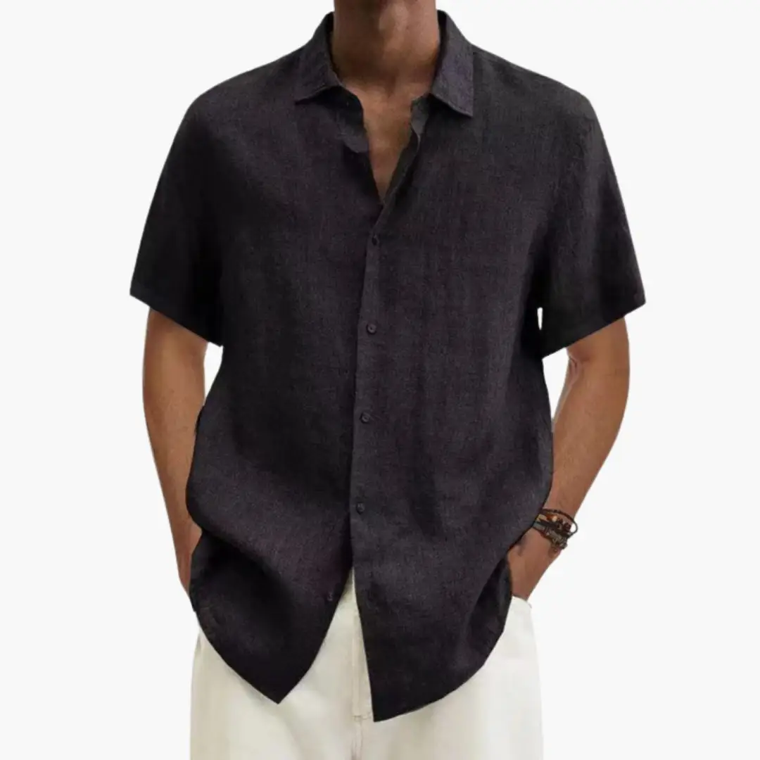 Men's charcoal short-sleeve shirt with button placket by Wilfred Smith