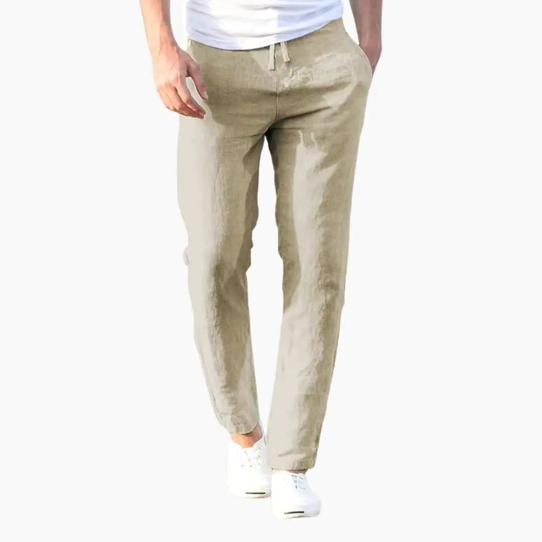 Men's Summer Pants with Drawstring Waist and Side Pockets in beige khaki by Wilfred Smith, lightweight casual trousers