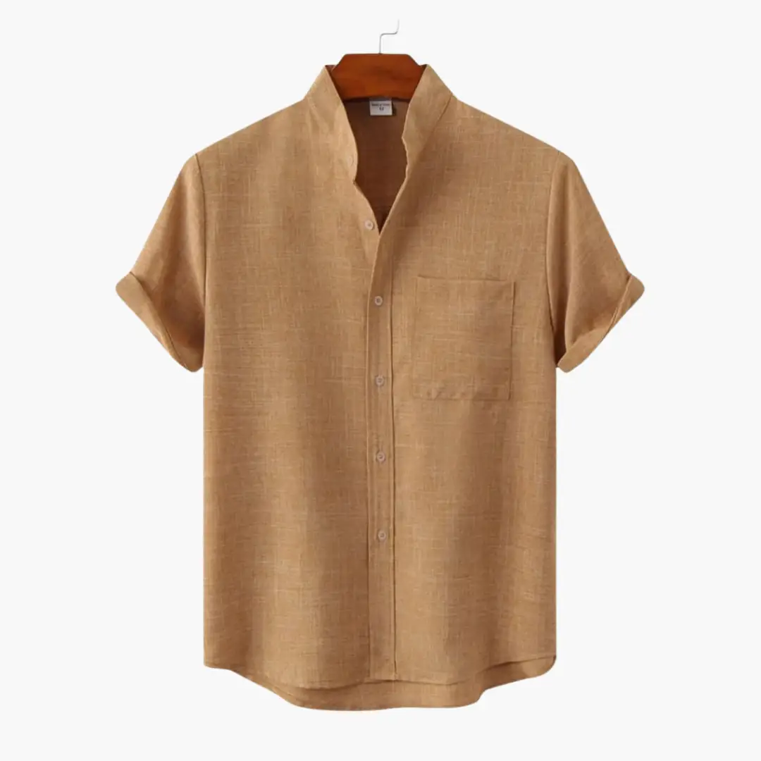 Wilfred Smith men’s short-sleeve linen shirt with collar, button front, chest pocket, tan.