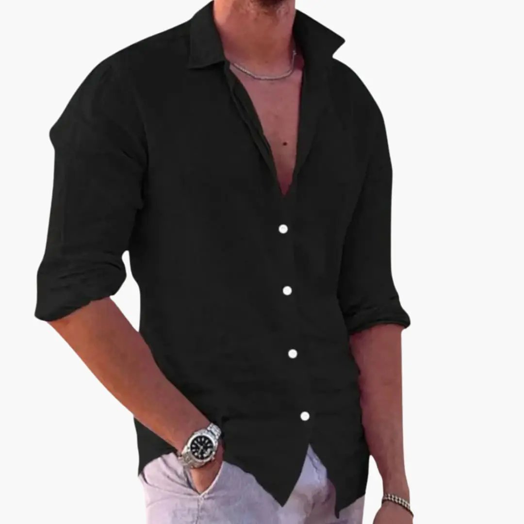 Summer shirt for men, black casual button-down with rolled sleeves and white buttons.
