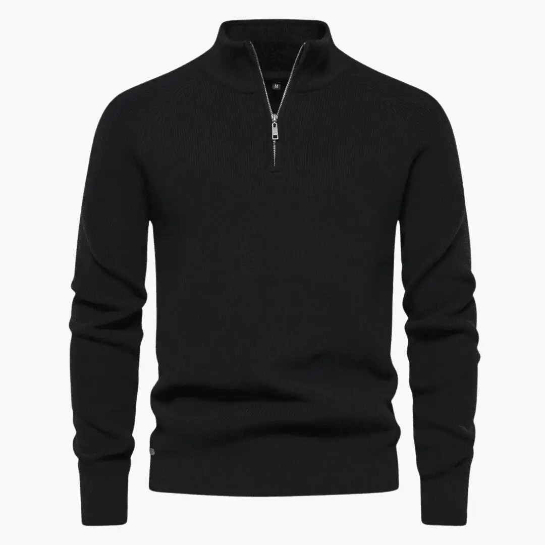 Men's black knitted pullover sweater with quarter-zip collar, soft knit