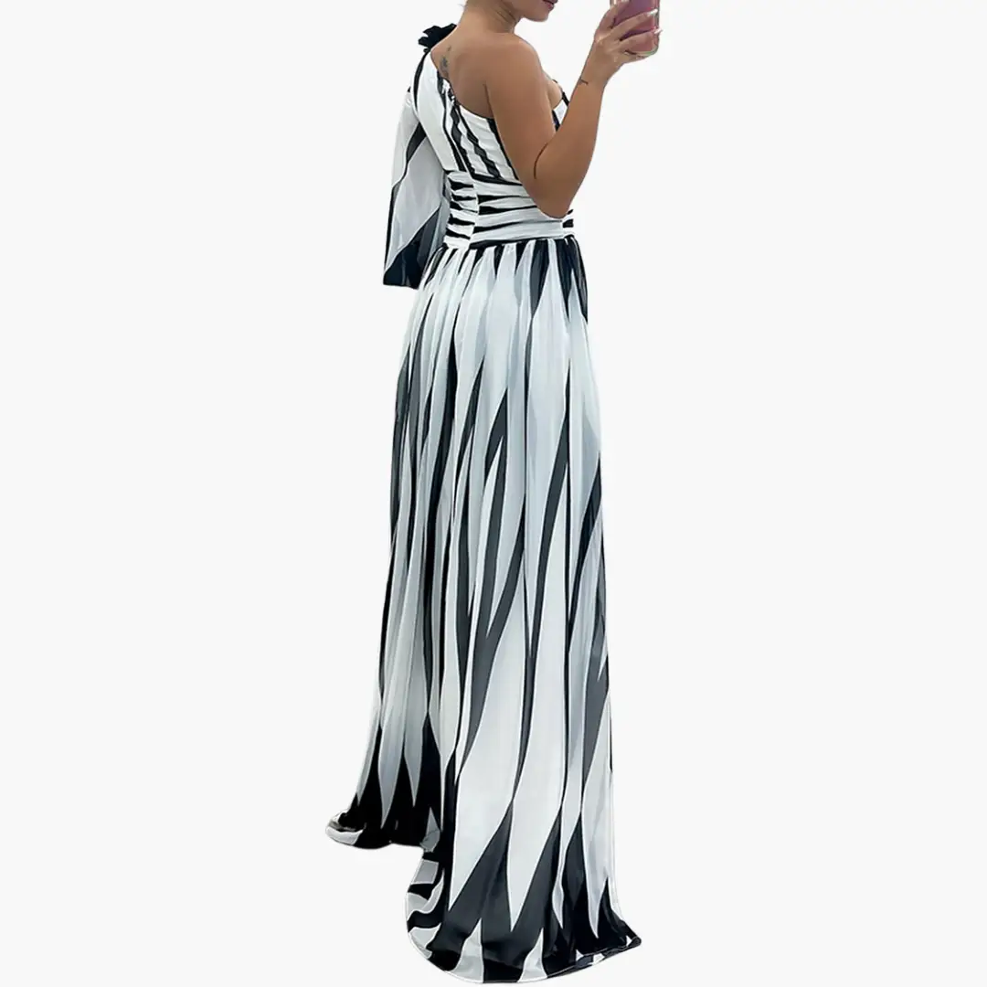 Striped one-shoulder women's elegant maxi dress with slit in black and white