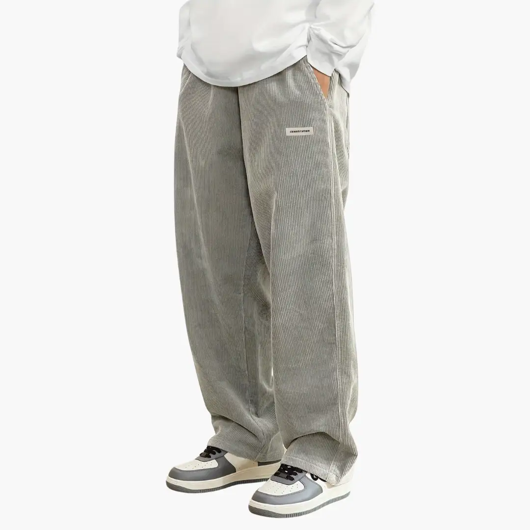 Men's Cord Pants with Elastic Waistband and Pockets, wide-leg gray corduroy by Wilfred Smith.