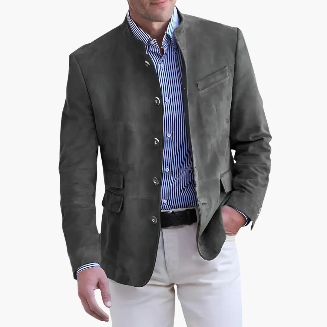 Men's textured charcoal jacket with button closure, stand collar, and flap pockets