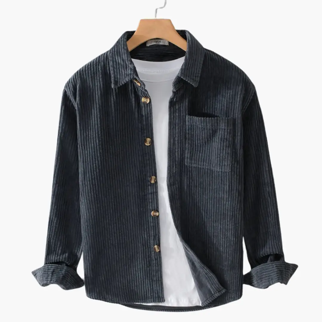 Corduroy overshirt for men with button placket, chest pocket, dark indigo color.