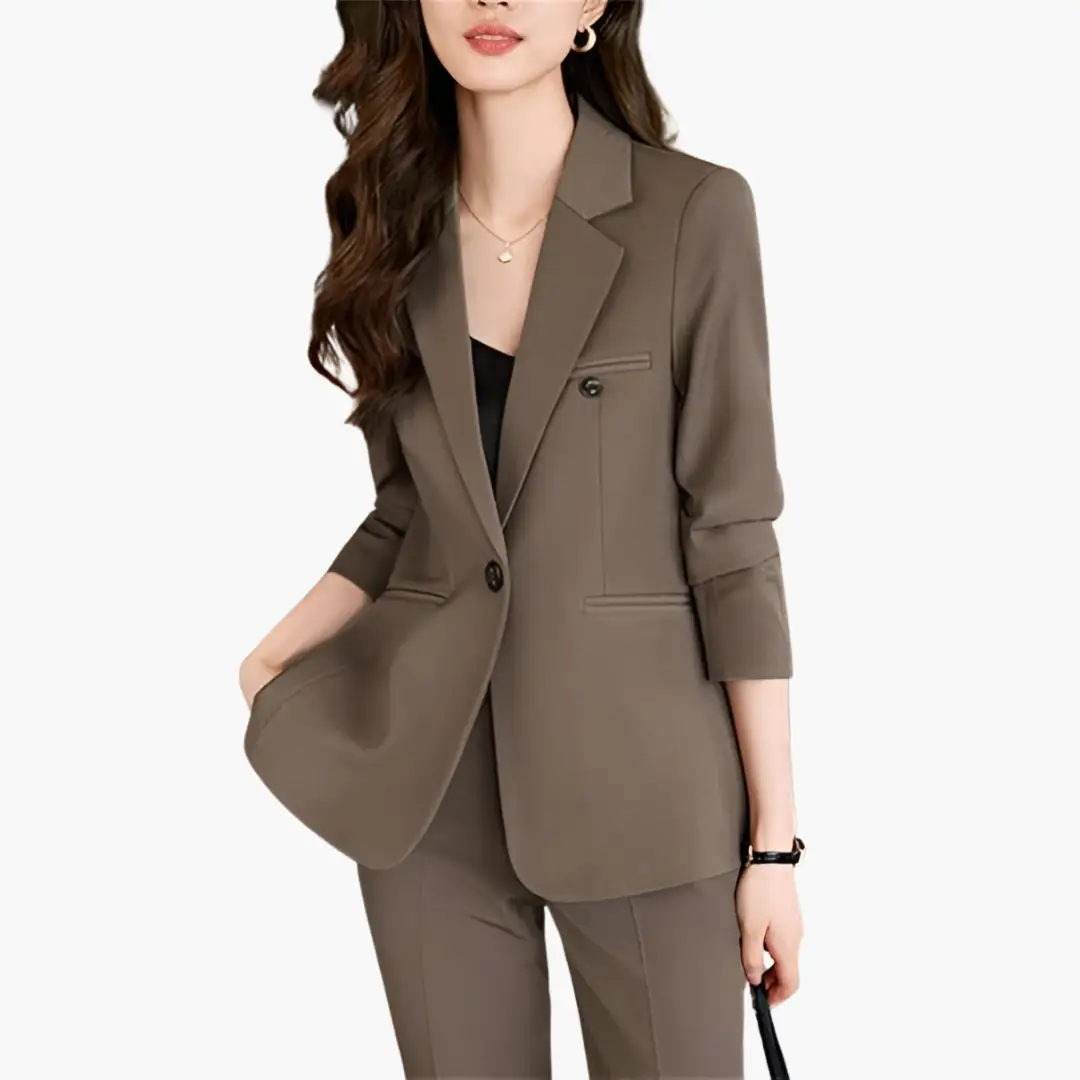 Women's taupe blazer set with lapel, front button placket, and matching trousers
