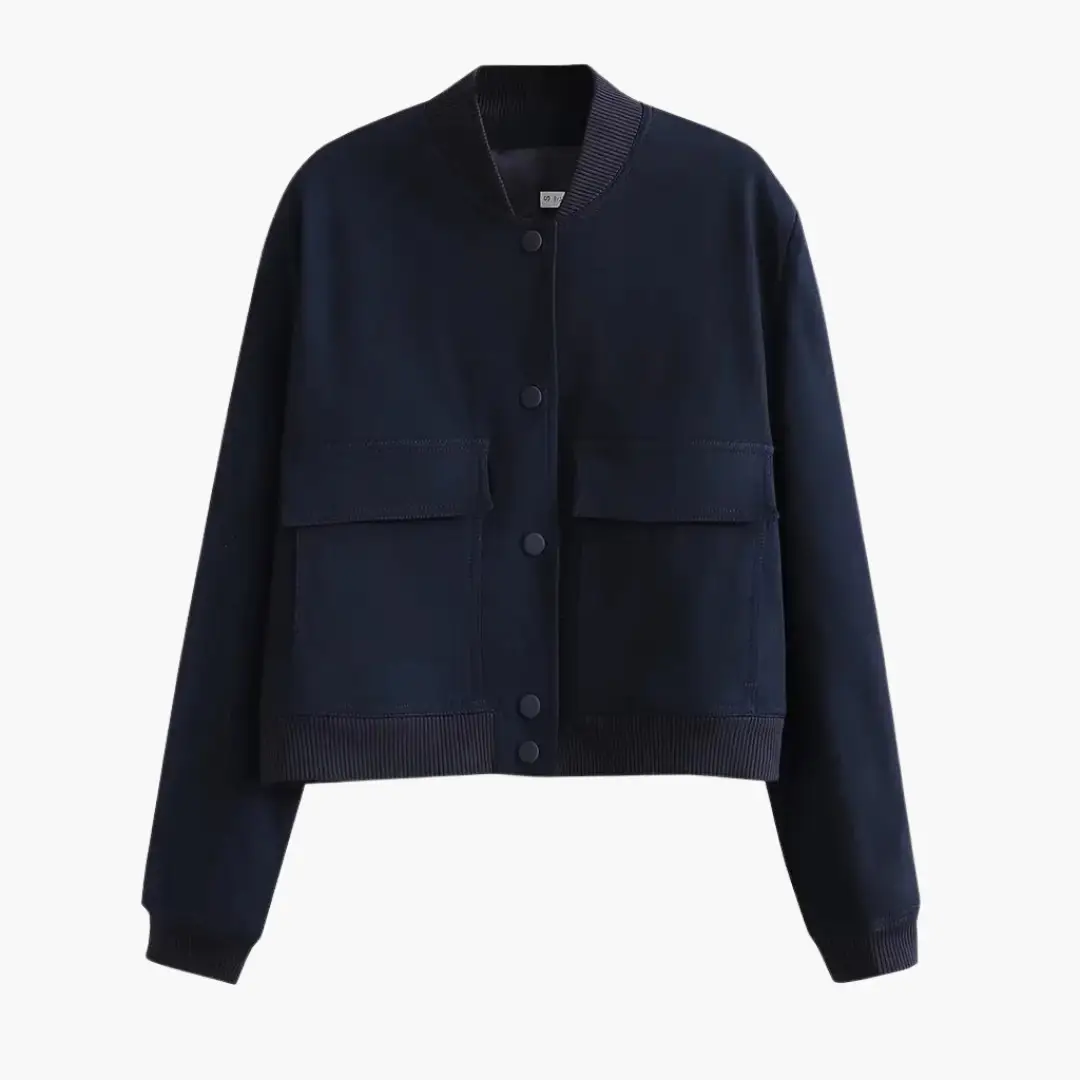 Women's navy utility bomber jacket with large front pockets and ribbed cuffs and hem by Wilfred Smith