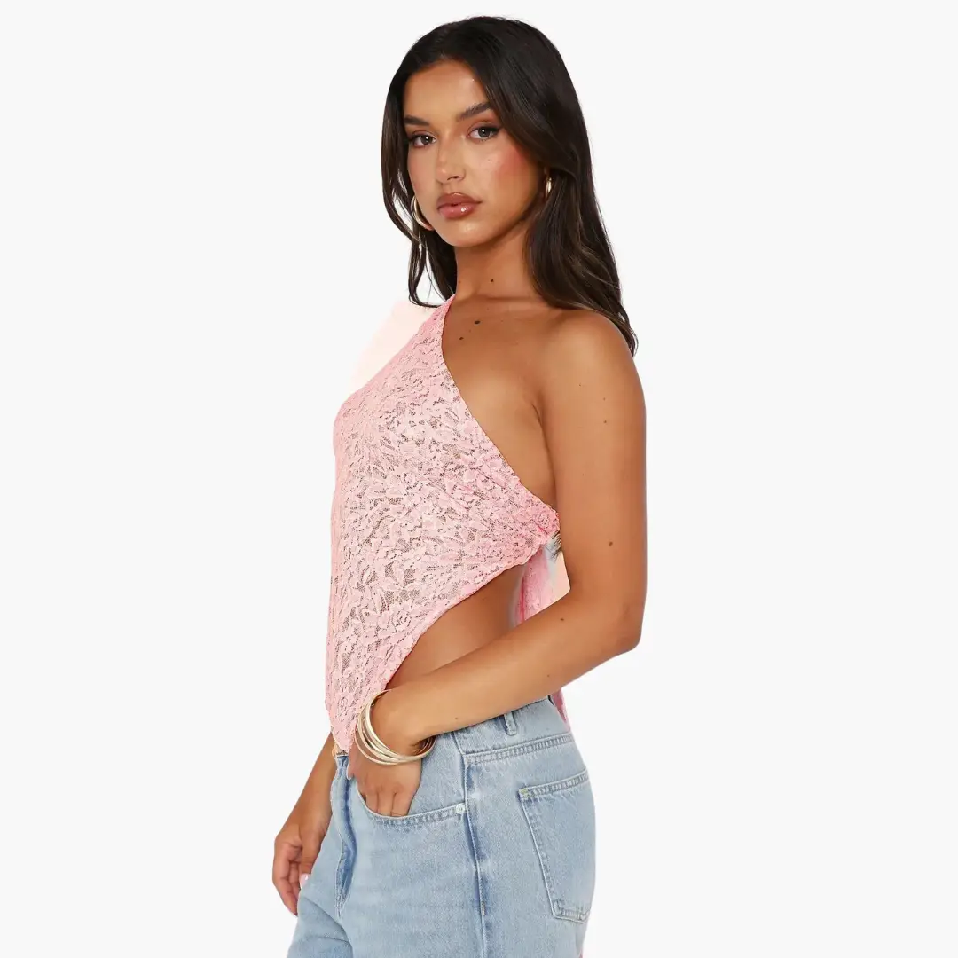 Lace one-shoulder top for women, pink, asymmetrical design