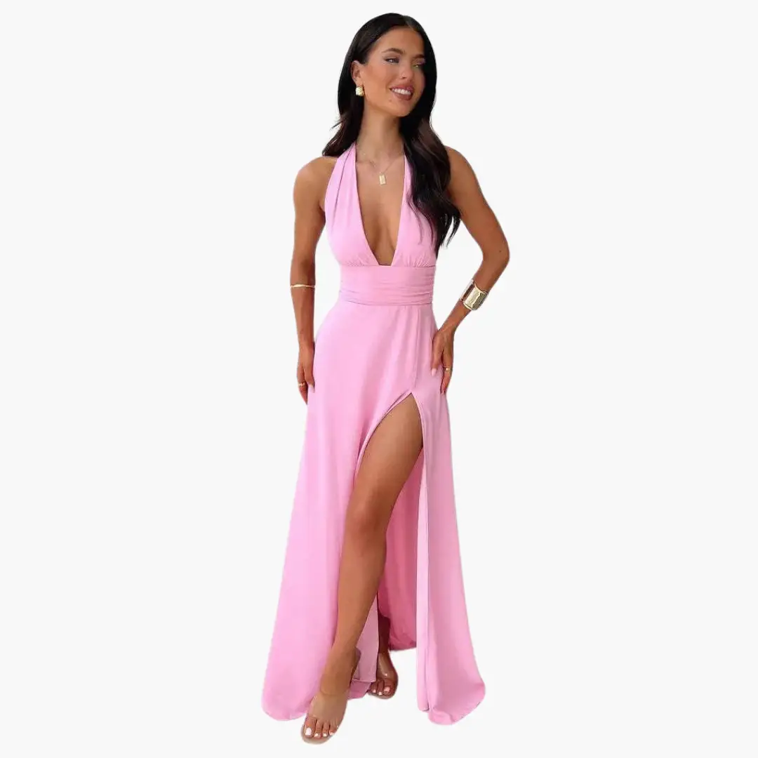Maxi dress pink halter-neck with thigh-high slit for evening wear