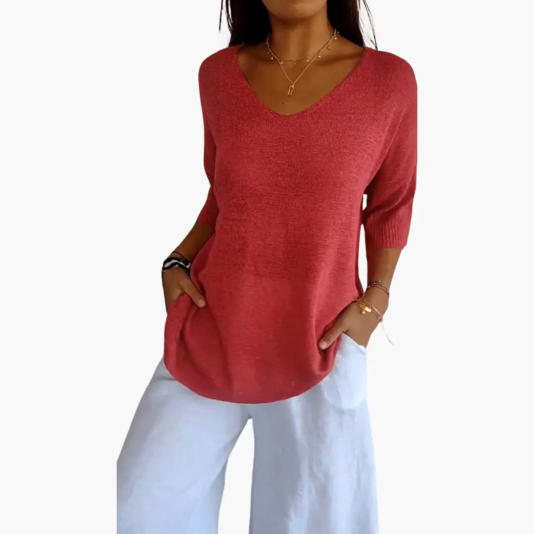Women's red V-neck loose-knit top with 3/4 sleeves for casual summer wear