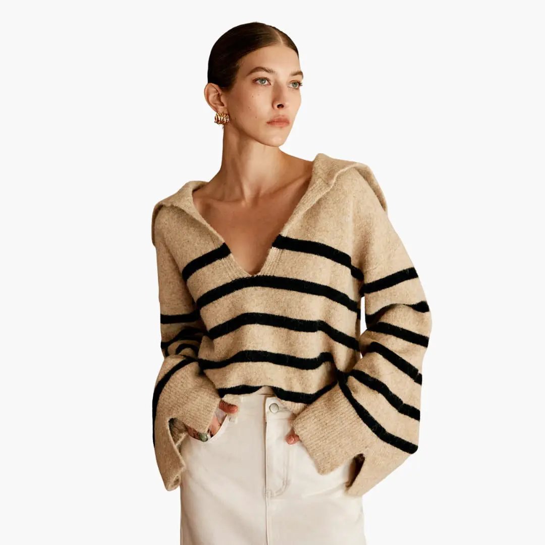 Women's oversized V-neck pullover sweater in beige knit with black stripes
