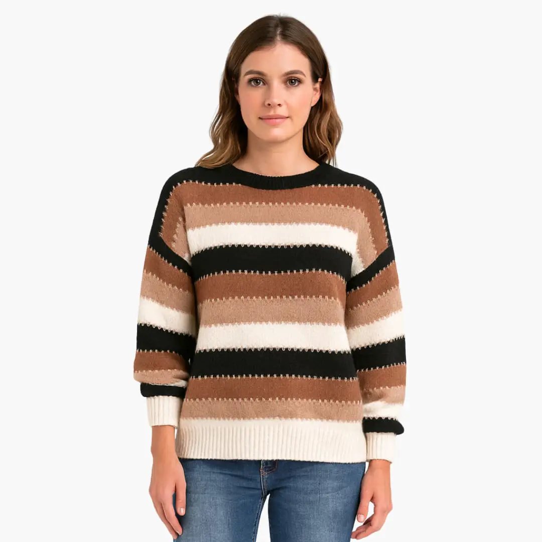 Women's striped knit pullover sweater by Wilfred Smith; round neck with black, brown, beige and ivory stripes