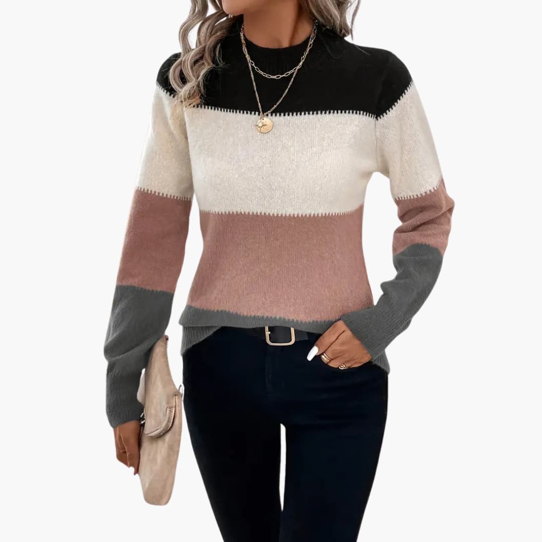 Women's colorblock pullover sweater by Wilfred Smith, round neckline, black cream rose gray blocks