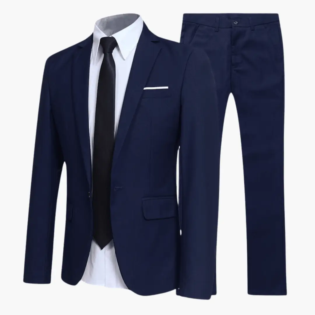 Men's navy suit set with tie, blazer and matching trousers for a complete formal look