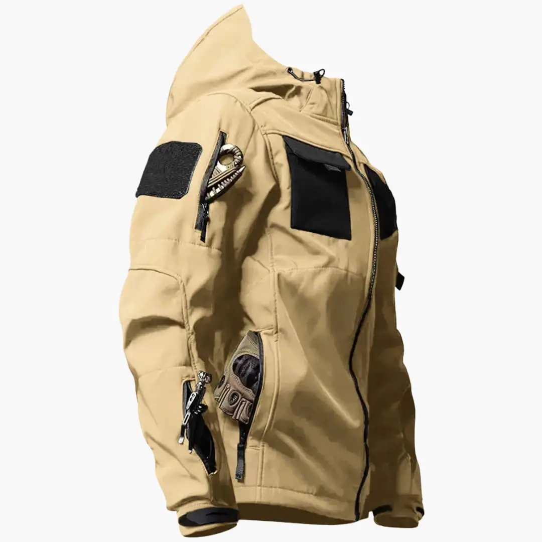 Men's zip-up hooded softshell jacket in tan with multiple pockets, Wilfred Smith.