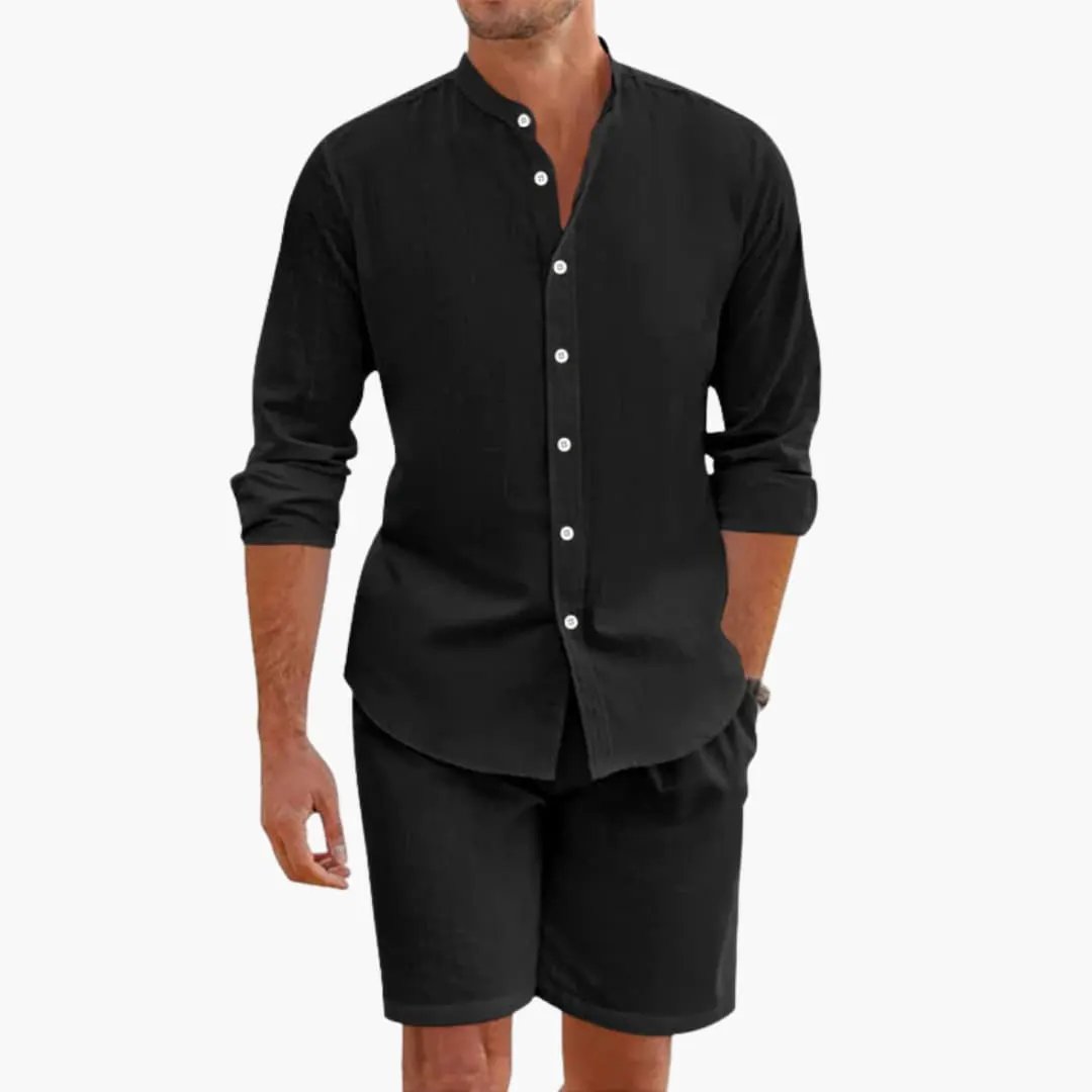 Men's Summer Linen-Blend 2-Piece Set: black shirt with stand collar and matching black shorts by Wilfred Smith