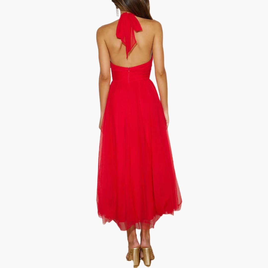 Women's tulle halter-neck midi dress, red, back zip, flowing layered skirt by Wilfred Smith