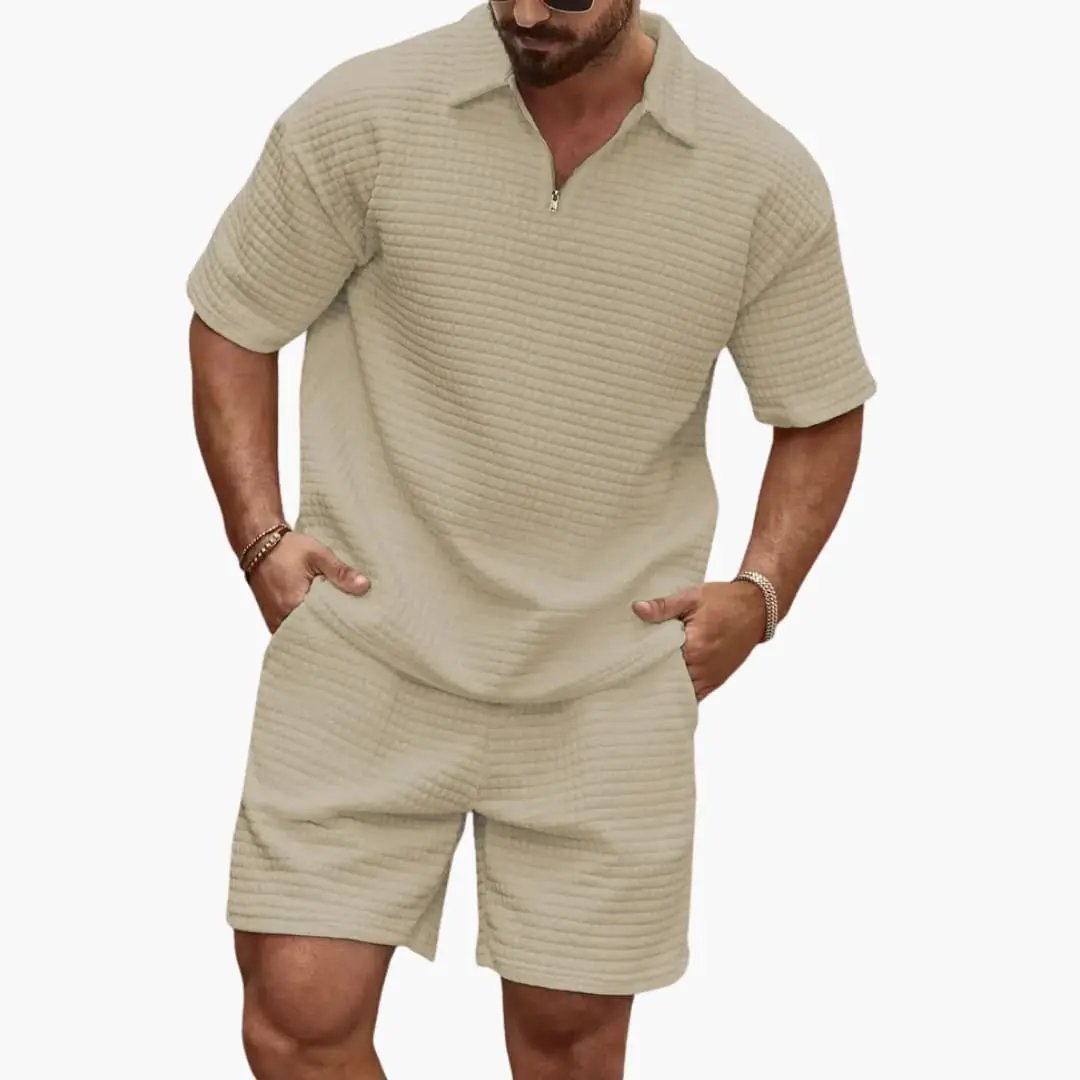 Men's 2-piece beige quilted set: half-zip top with matching quilted shorts by Wilfred Smith