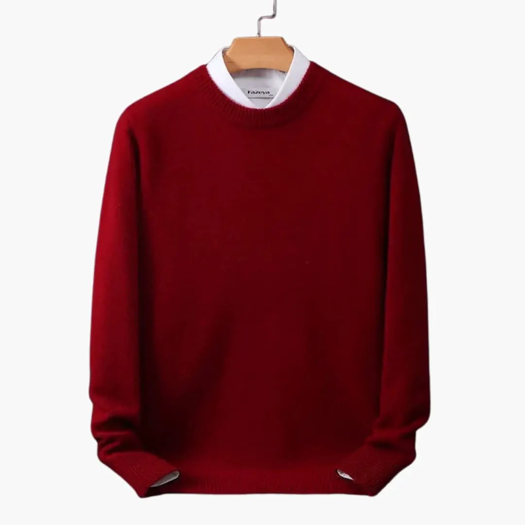 Fine Knit Sweater for Men pullover by Wilfred Smith in deep red on hanger