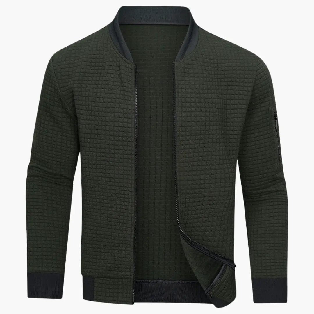 Men's zip-up quilted bomber jacket in olive green with ribbed cuffs by Wilfred Smith